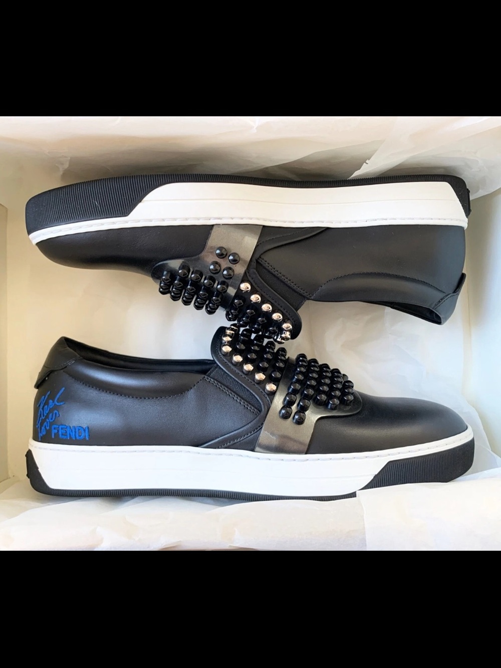 Fendi “Karl Loves Fendi” Black Leather Studded Slip-On Sneakers with White Sole
